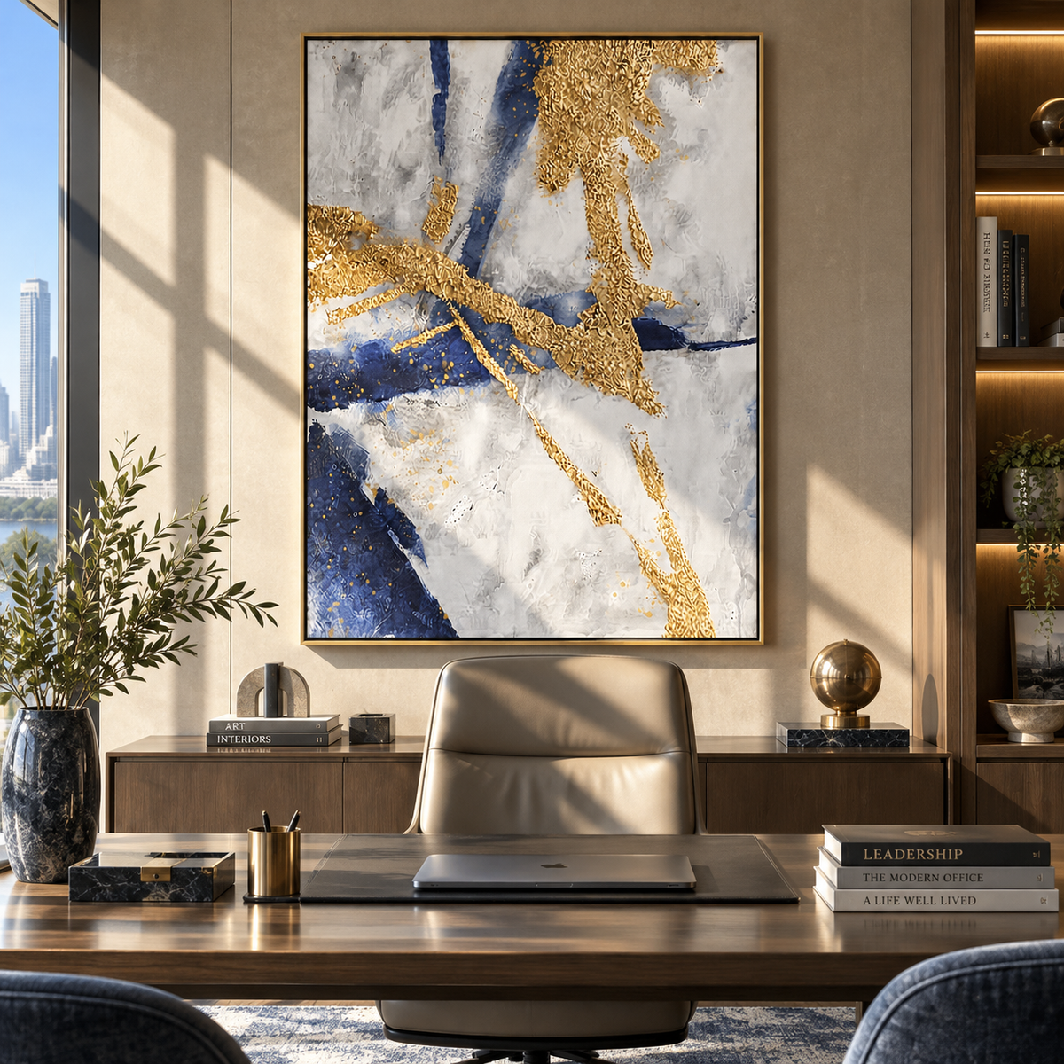 Slate Azure Onyx Strata Light - textured abstract painting shown in modern room setting 2