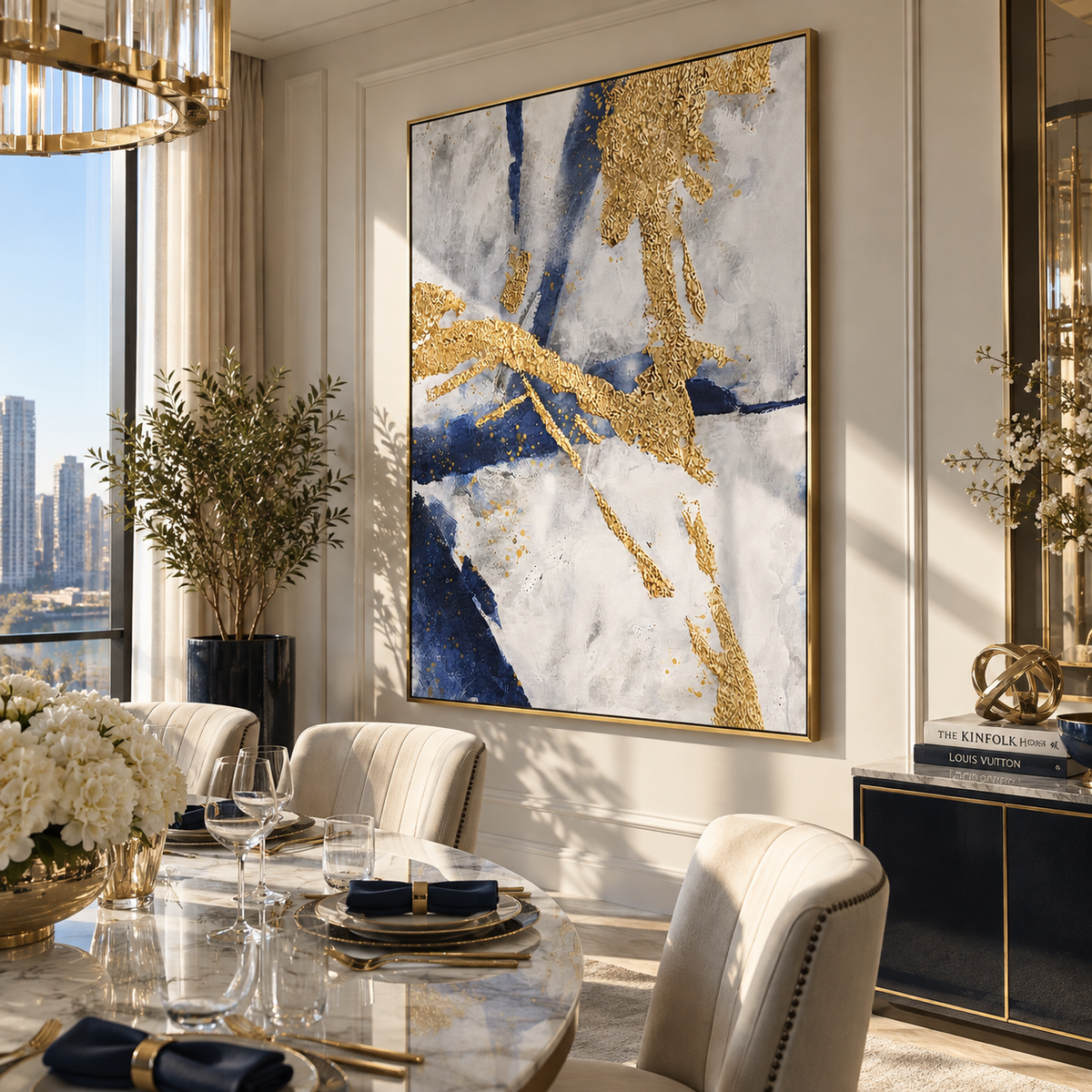 Slate Azure Onyx Strata Light - textured abstract painting shown in modern room setting 3