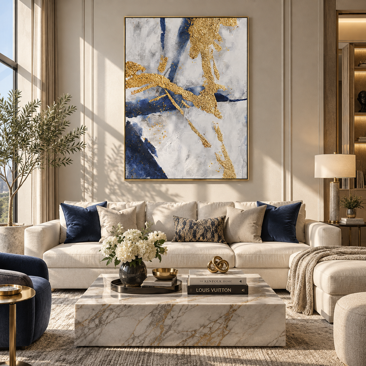 Slate Azure Onyx Strata Light - textured abstract painting shown in modern room setting 4