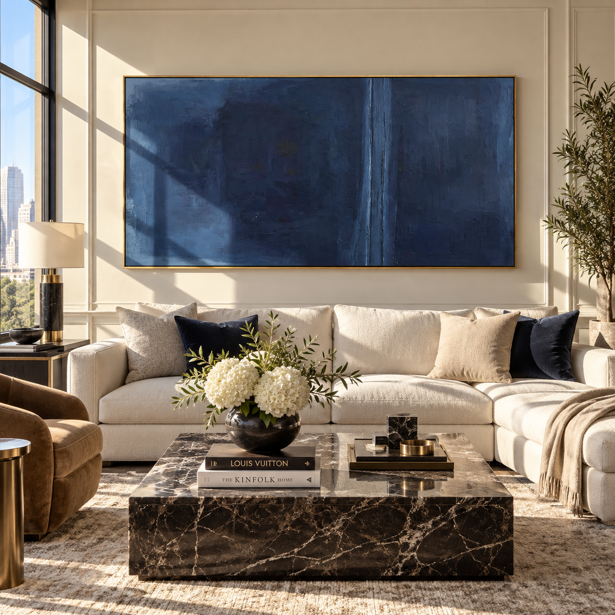 Azure Onyx Amber Terraces Tension - textured abstract painting shown in modern room setting 2