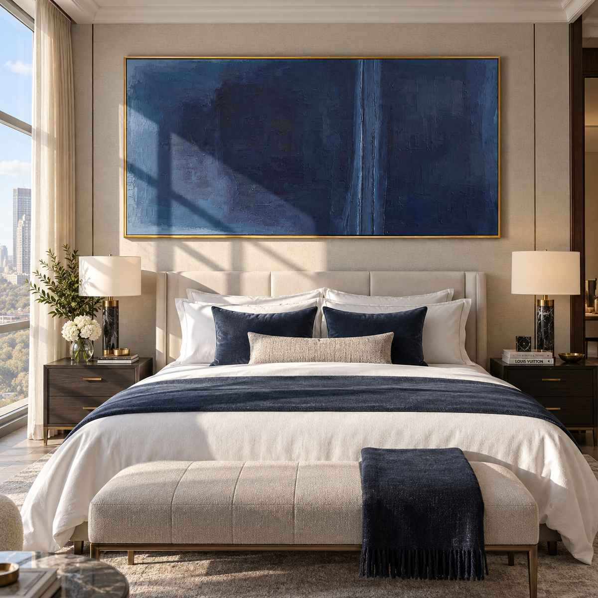 Azure Onyx Amber Terraces Tension - textured abstract painting shown in modern room setting 3