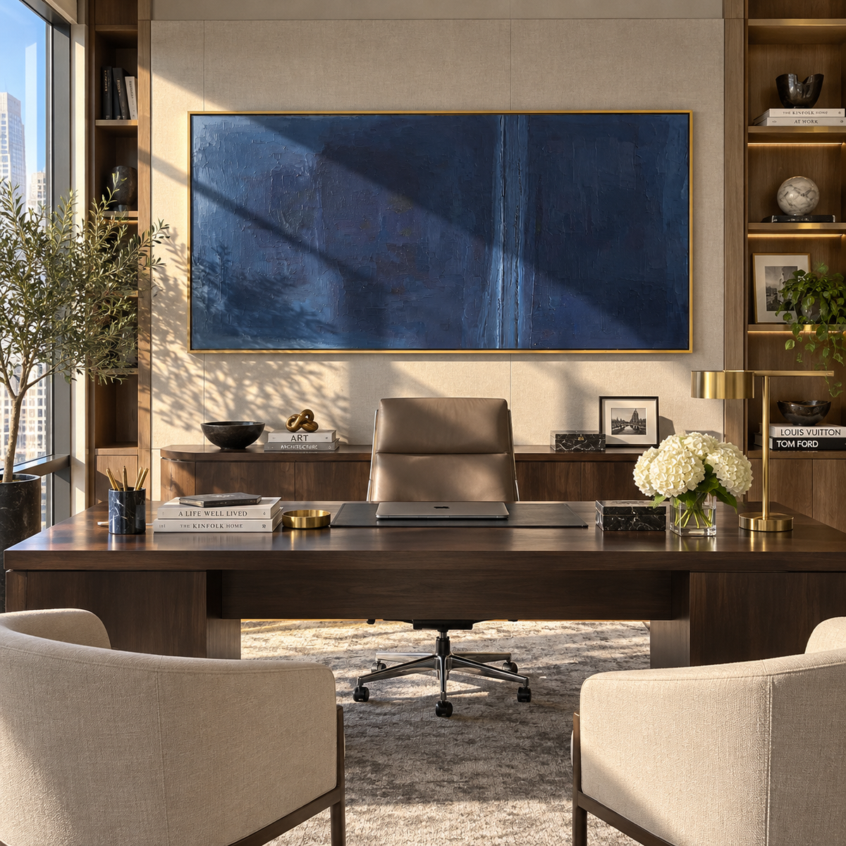 Azure Onyx Amber Terraces Tension - textured abstract painting shown in modern room setting 5