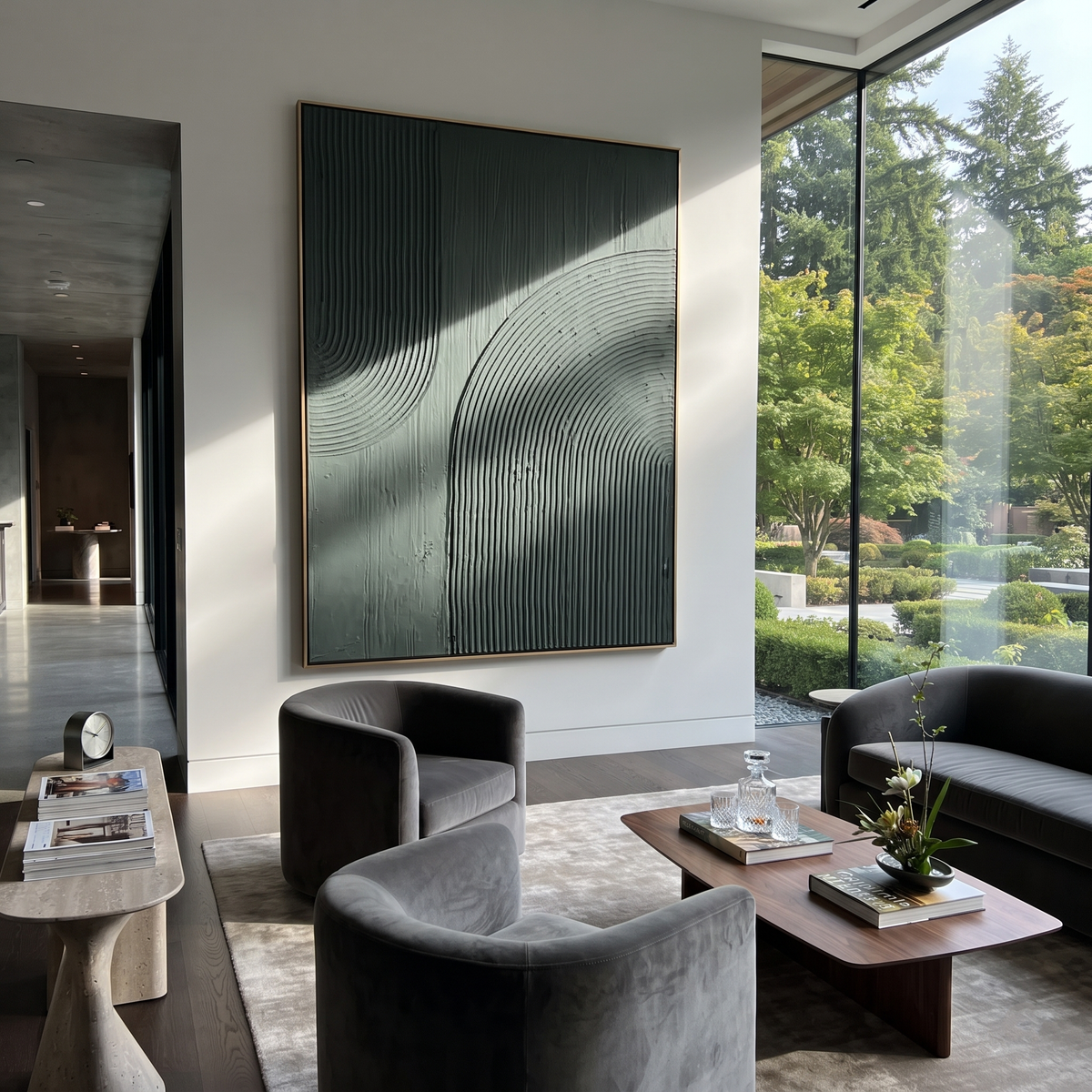 Verdant Onyx Slate Horizon Space - textured abstract painting displayed in a styled interior