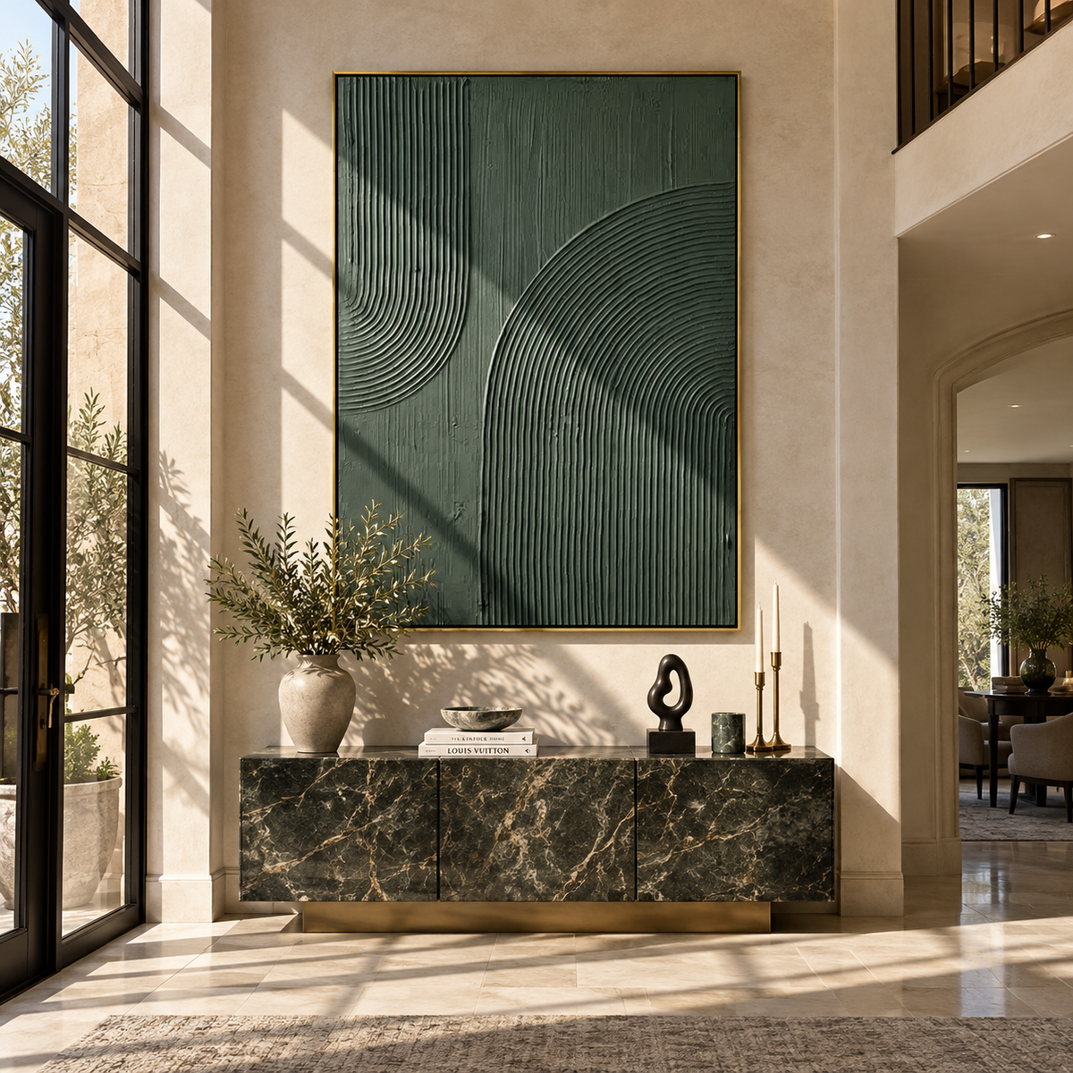 Verdant Onyx Slate Horizon Space - textured abstract painting shown in modern room setting 5