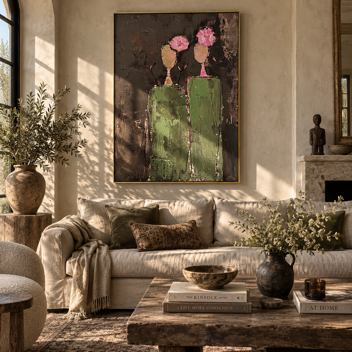 Umber Verdant Figures Fragments Quiet - textured figurative painting displayed in a styled interior
