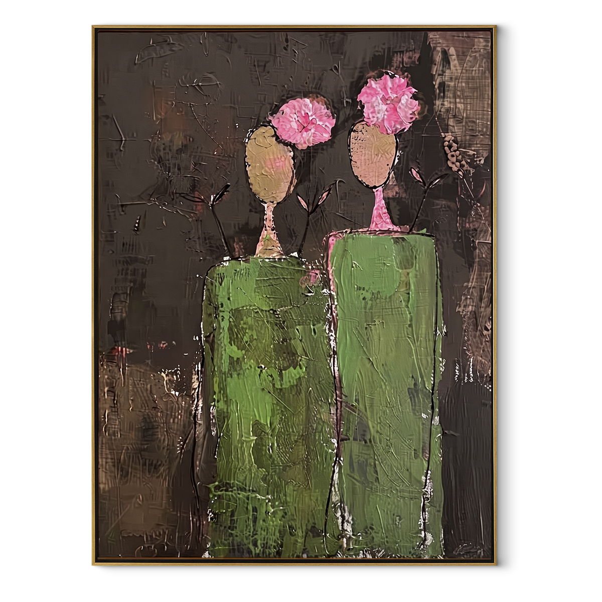 Umber Verdant Figures Fragments Quiet - textured figurative painting in a wood frame on white
