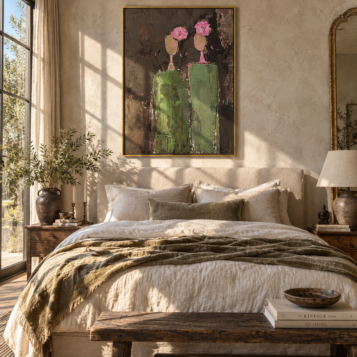 Umber Verdant Figures Fragments Quiet - textured figurative painting shown in modern room setting 2