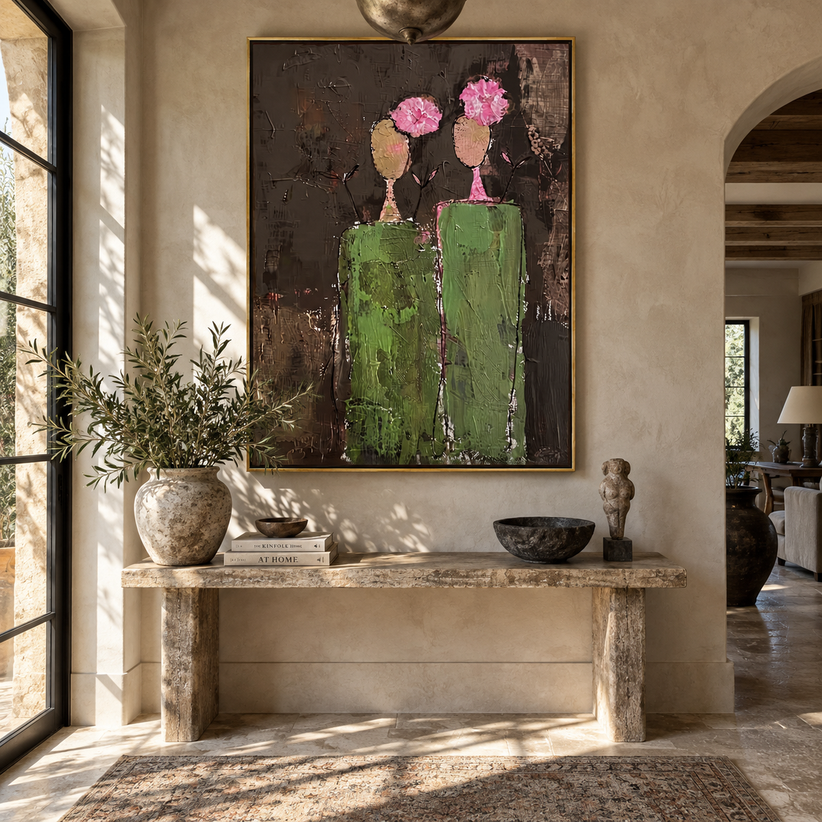 Umber Verdant Figures Fragments Quiet - textured figurative painting shown in modern room setting 3