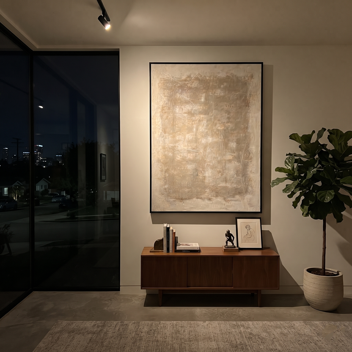 Linen Slate Onyx Field Form - textured abstract painting shown in modern room setting 5