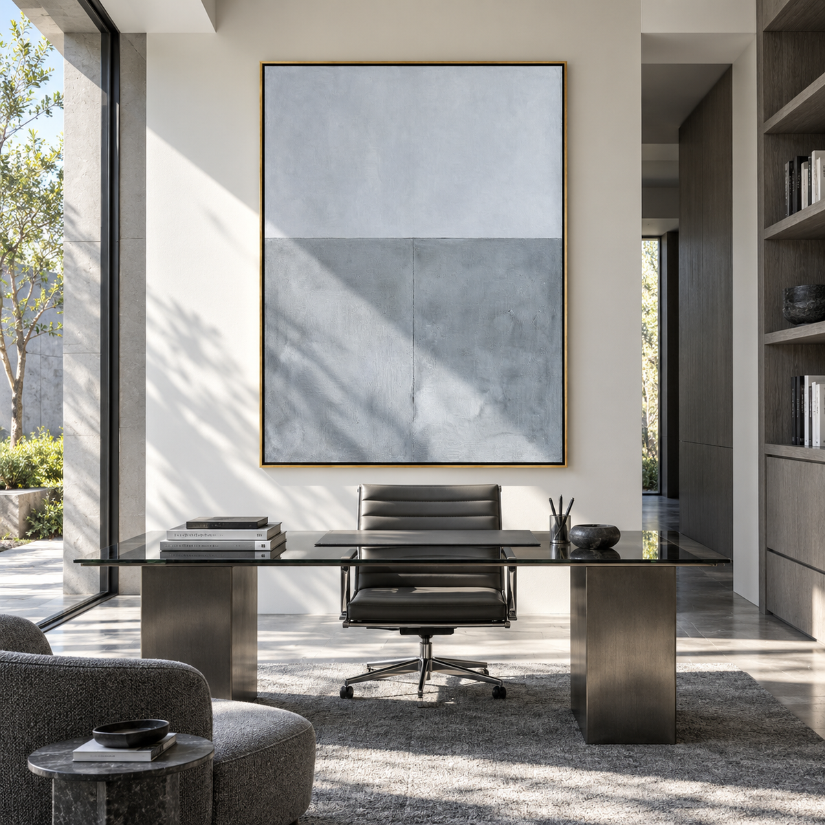 Slate Azure Onyx Currents Silence - textured abstract painting shown in modern room setting 2