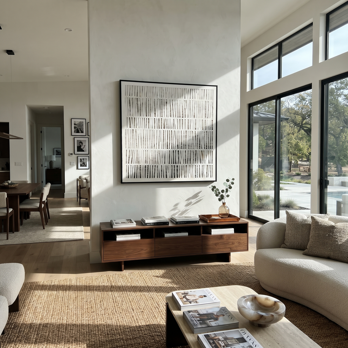 Slate Linen Umber Layers Pause - textured abstract painting displayed in a styled interior