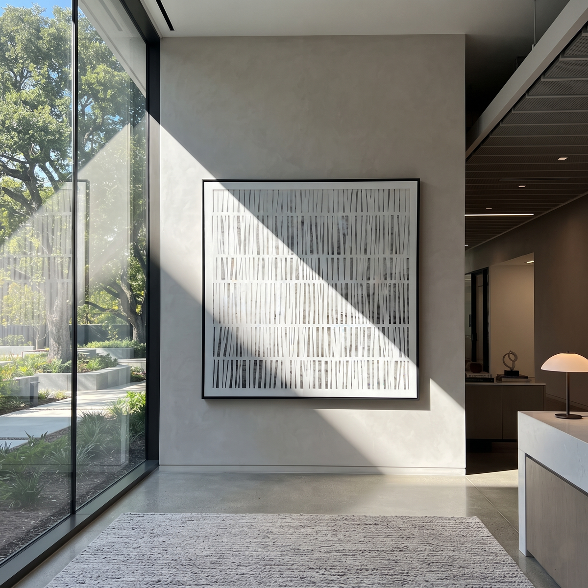 Slate Linen Umber Layers Pause - textured abstract painting shown in modern room setting 5