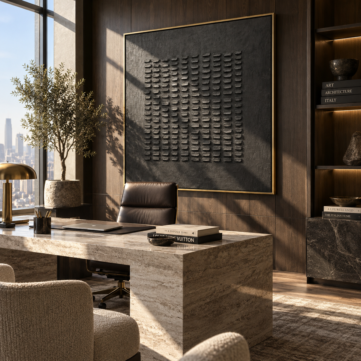 Slate Onyx Umber Balance Dusk - textured abstract painting displayed in a styled interior