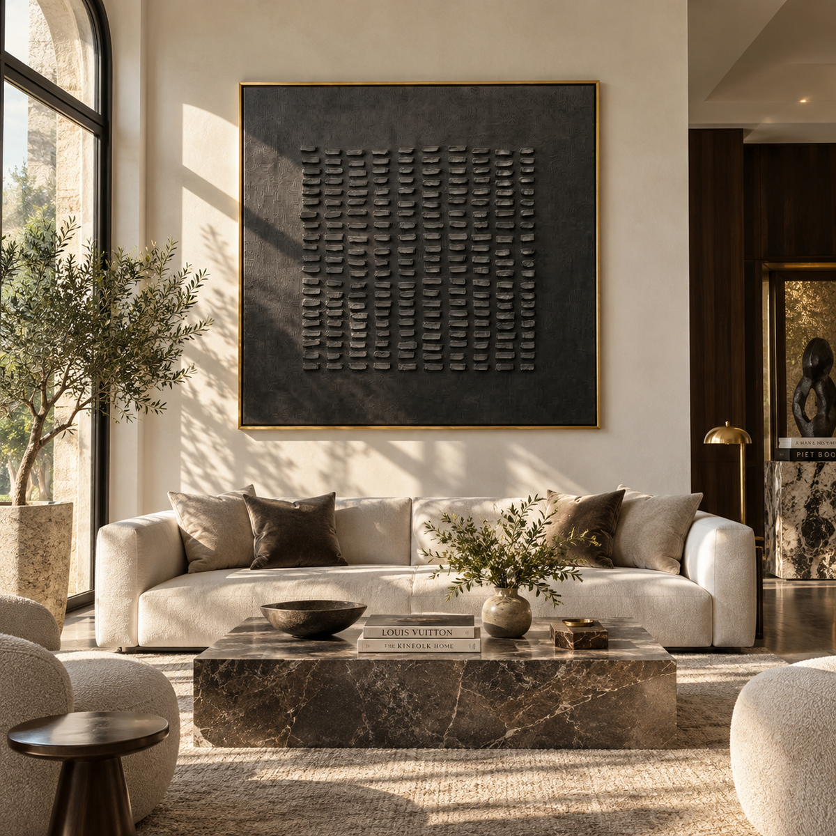 Slate Onyx Umber Balance Dusk - textured abstract painting shown in modern room setting 4
