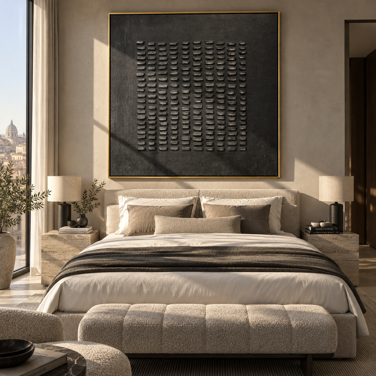 Slate Onyx Umber Balance Dusk - textured abstract painting shown in modern room setting 5