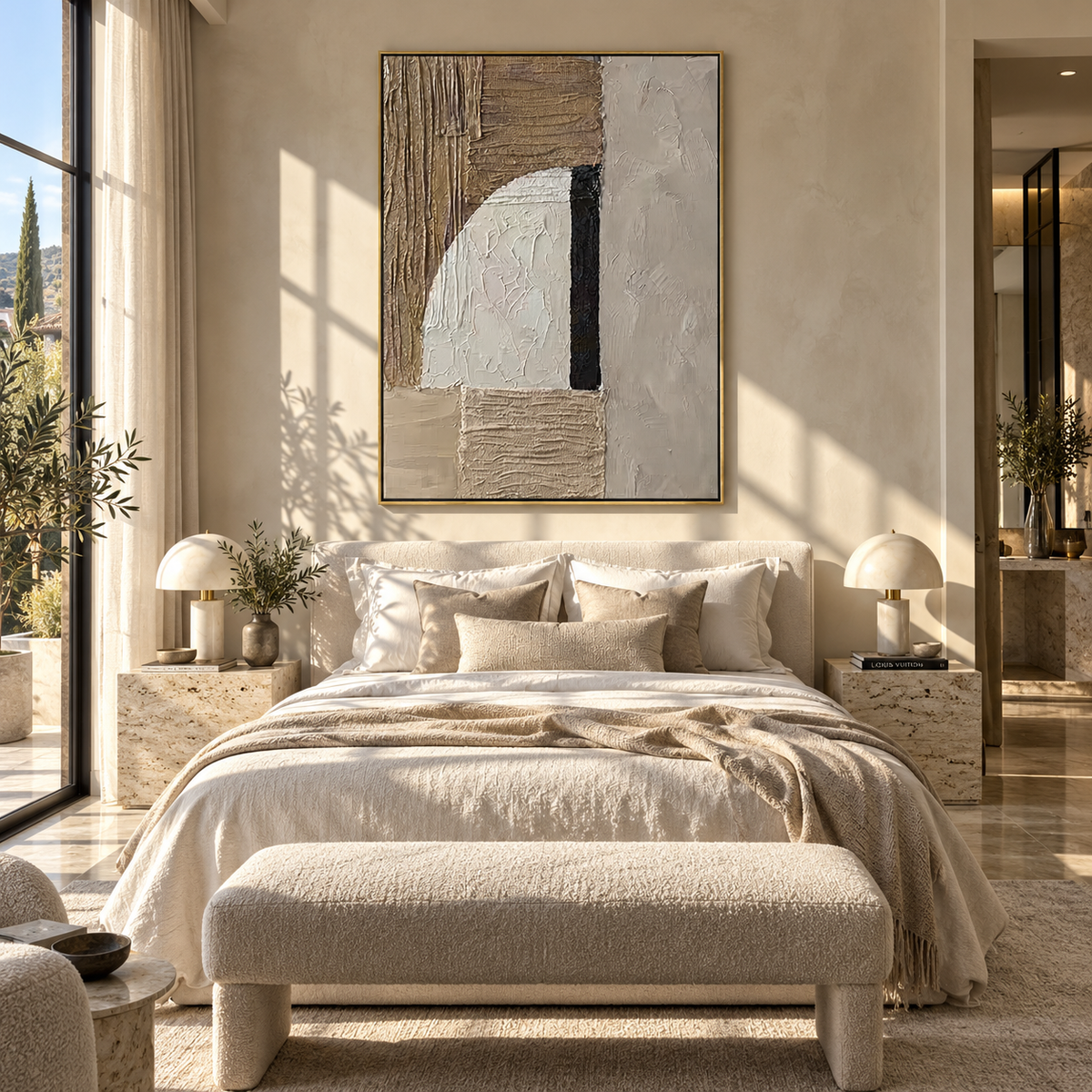 Linen Umber Slate Drift Calm - textured abstract painting shown in modern room setting 3
