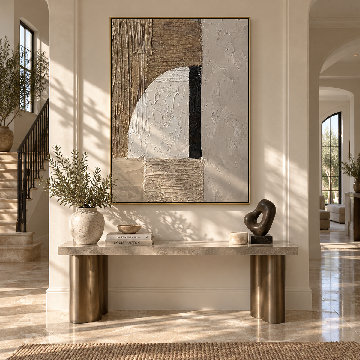 Linen Umber Slate Drift Calm - textured abstract painting shown in modern room setting 4