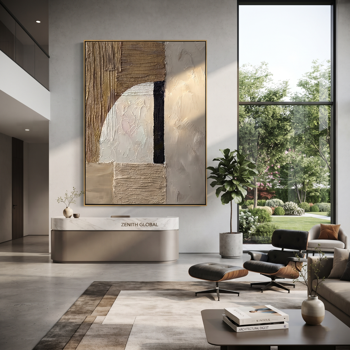 Linen Umber Slate Drift Calm - textured abstract painting shown in modern room setting 5
