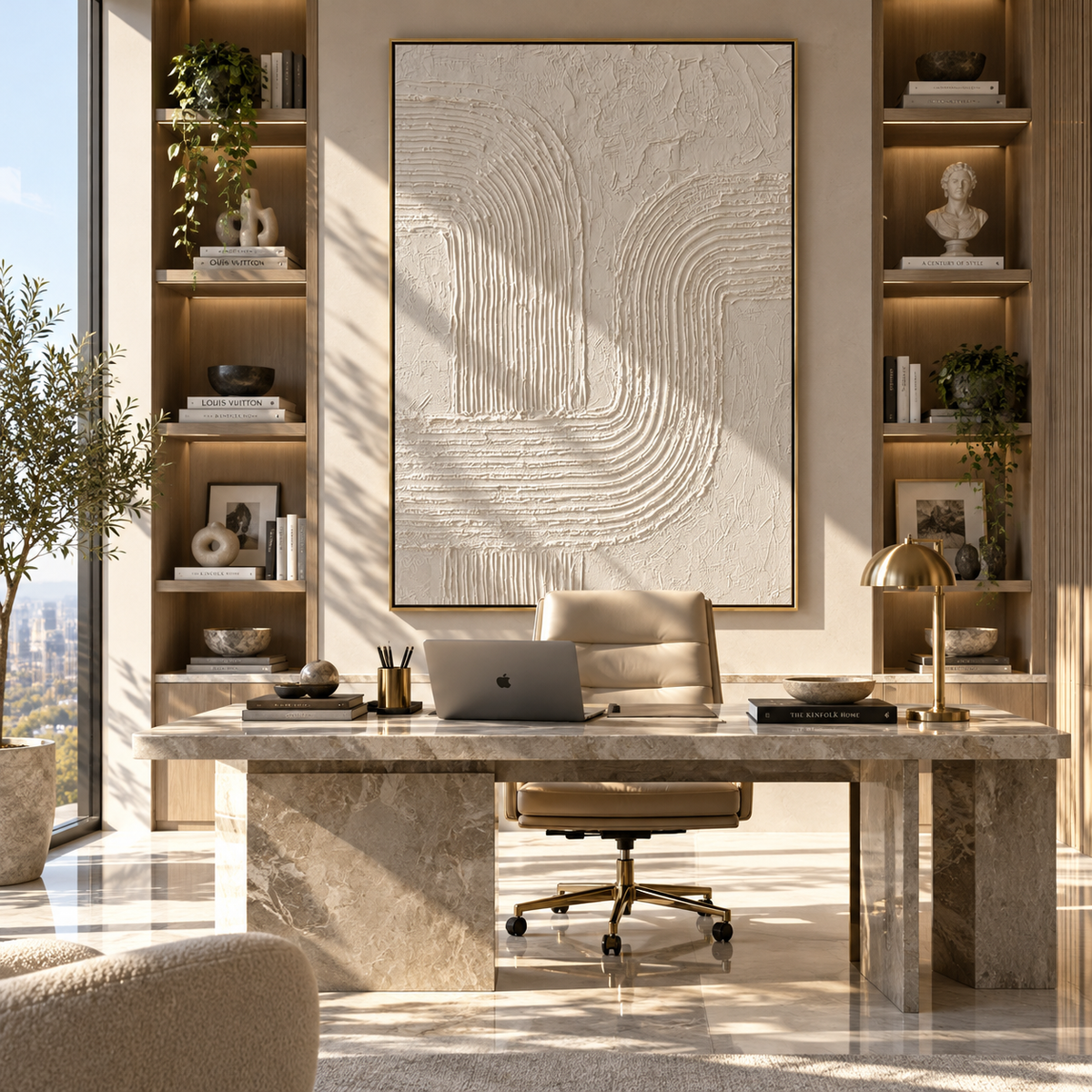 Slate Onyx Linen Contours Stillness - textured abstract painting shown in modern room setting 5