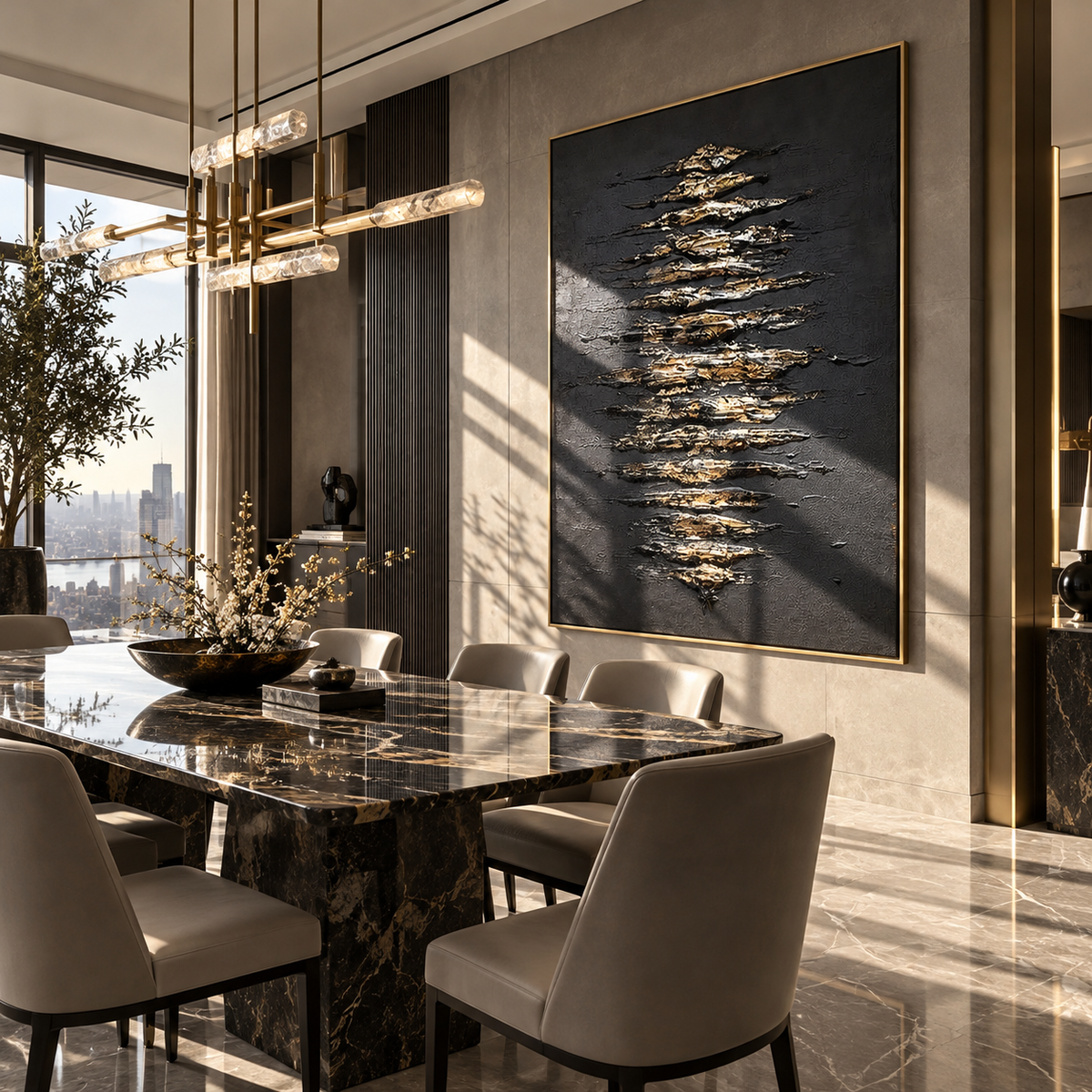 Onyx Slate School Crossing Air - textured fish painting displayed in a styled interior