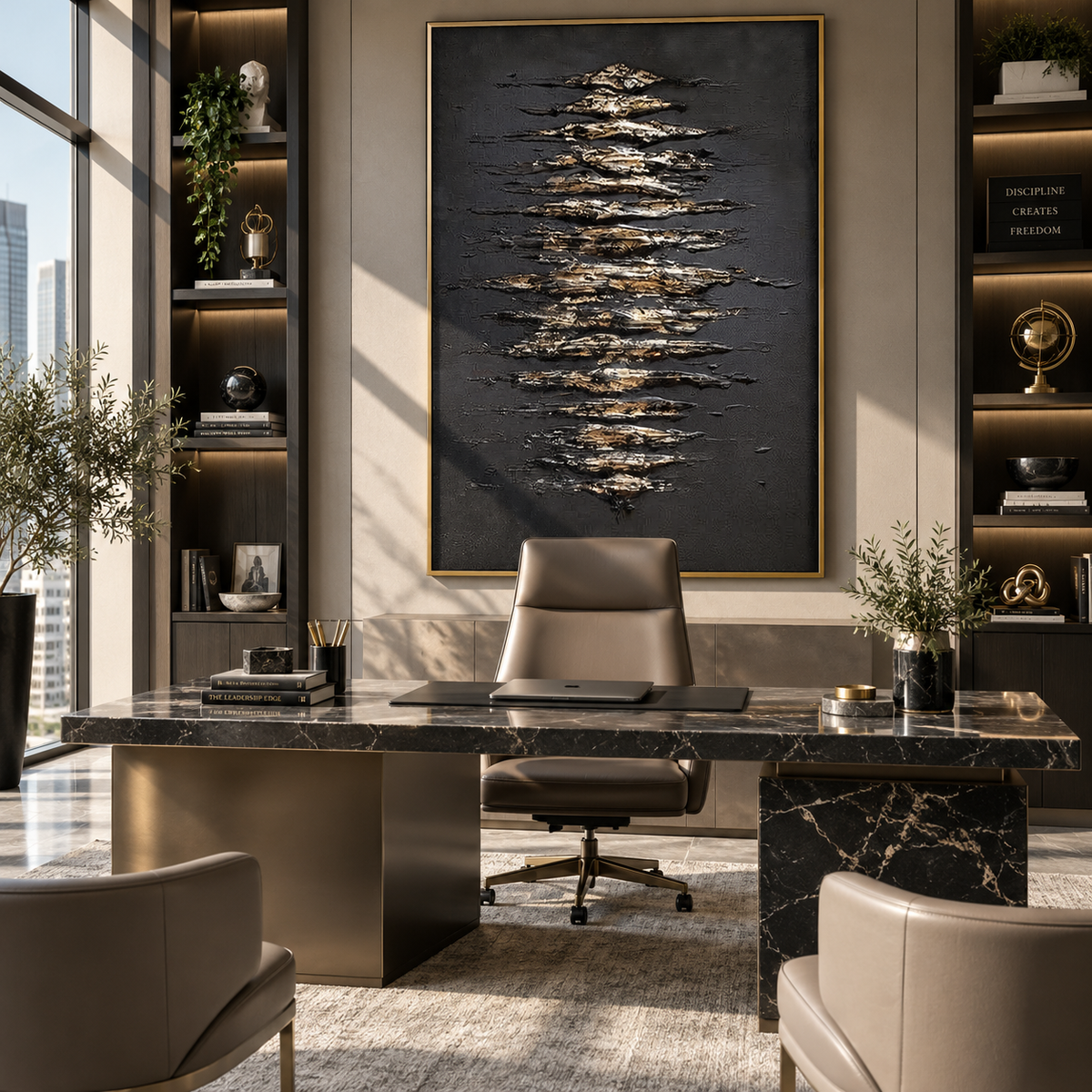 Onyx Slate School Crossing Air - textured fish painting shown in modern room setting 4