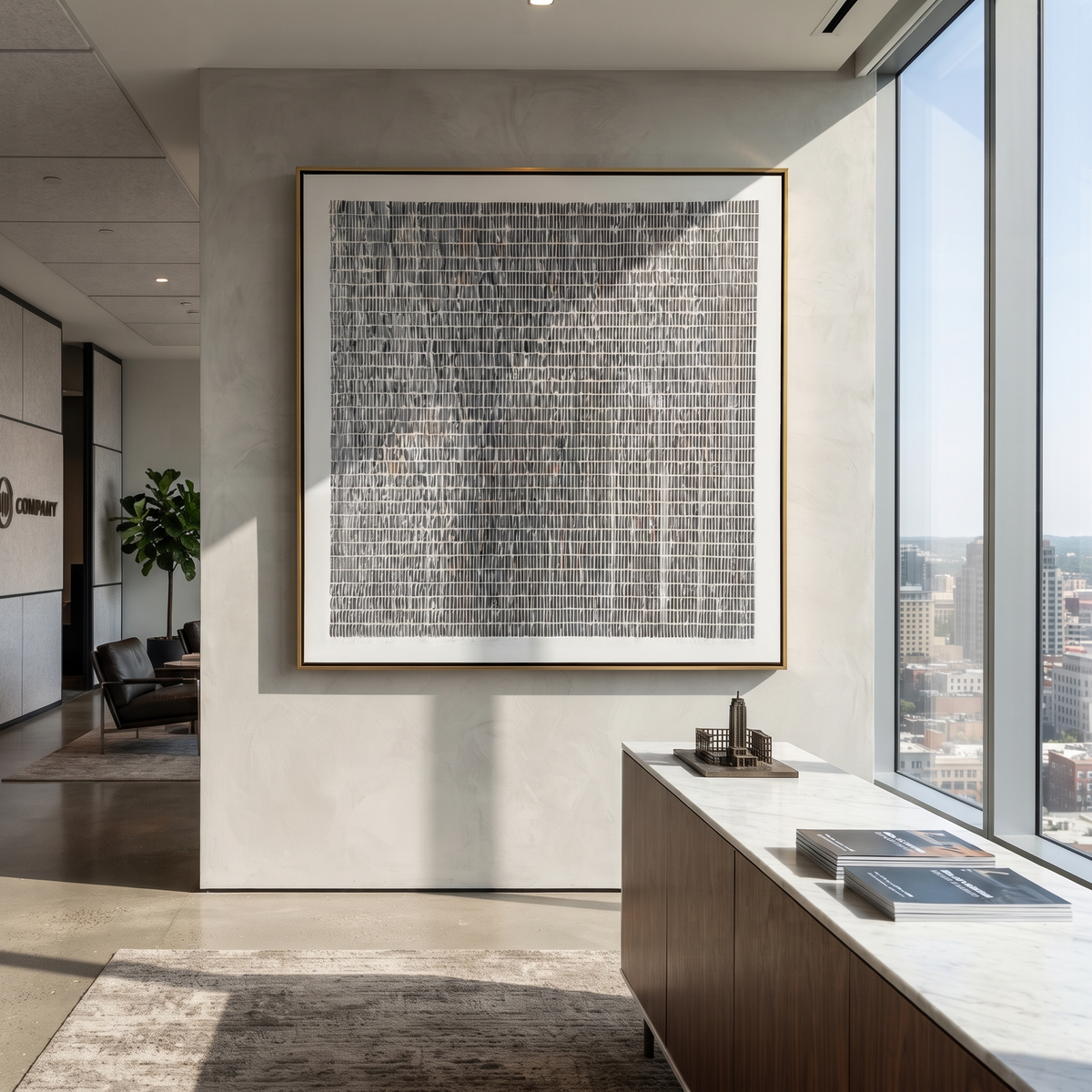 Slate Onyx Umber Echo Rain - textured abstract painting displayed in a styled interior