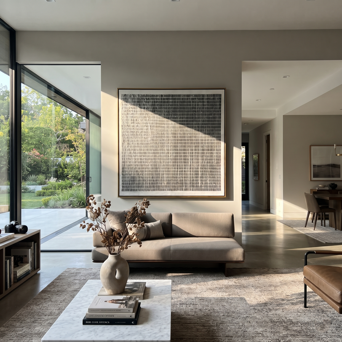 Slate Onyx Umber Relief Dusk - textured abstract painting displayed in a styled interior