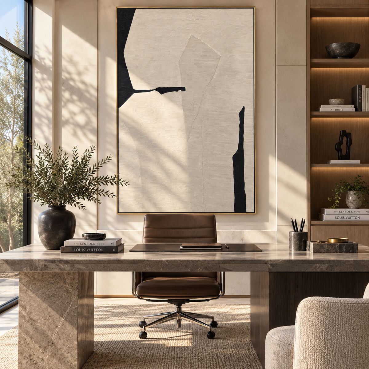 Slate Onyx Linen Terraces Distance - textured abstract painting shown in modern room setting 2