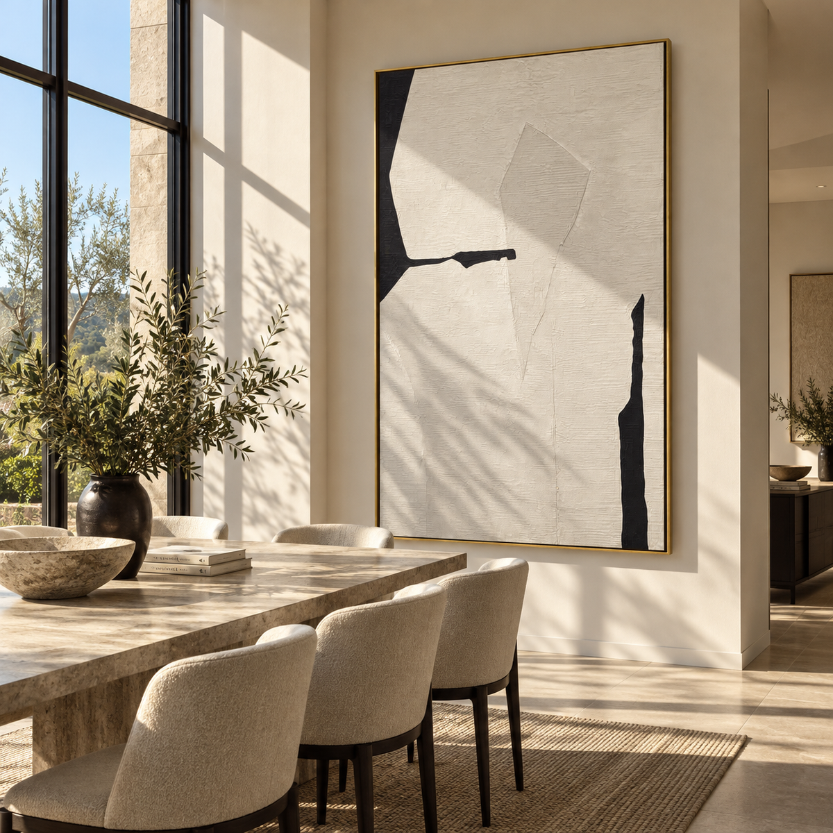 Slate Onyx Linen Terraces Distance - textured abstract painting shown in modern room setting 4