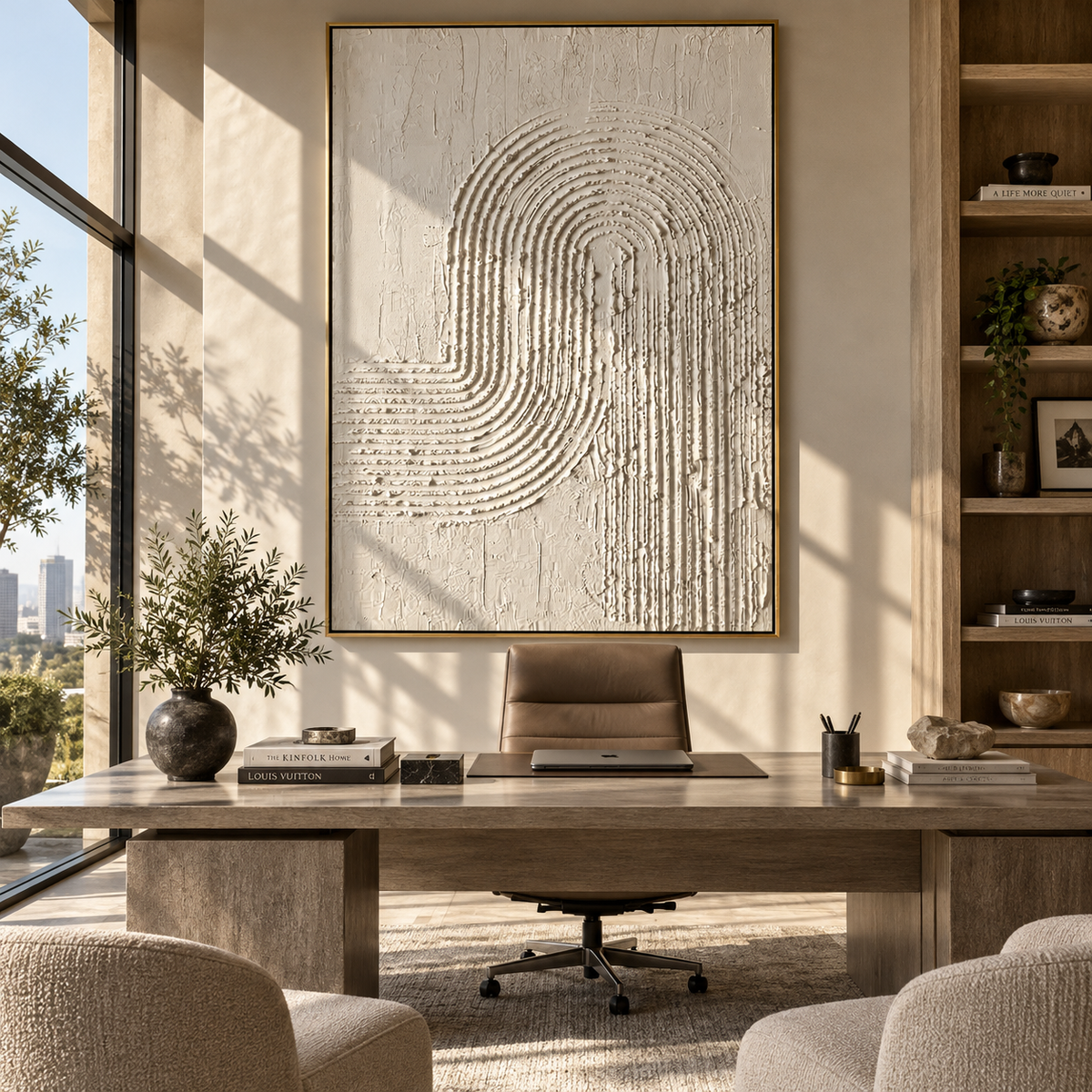 Slate Umber Onyx Horizon Light - textured abstract painting shown in modern room setting 5