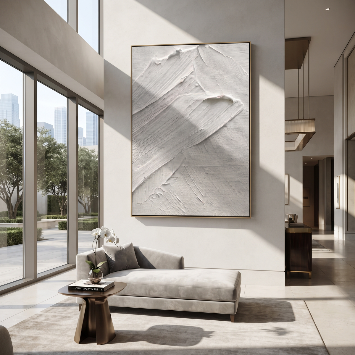 Slate Onyx Linen Fragments Tension - textured abstract painting shown in modern room setting 5