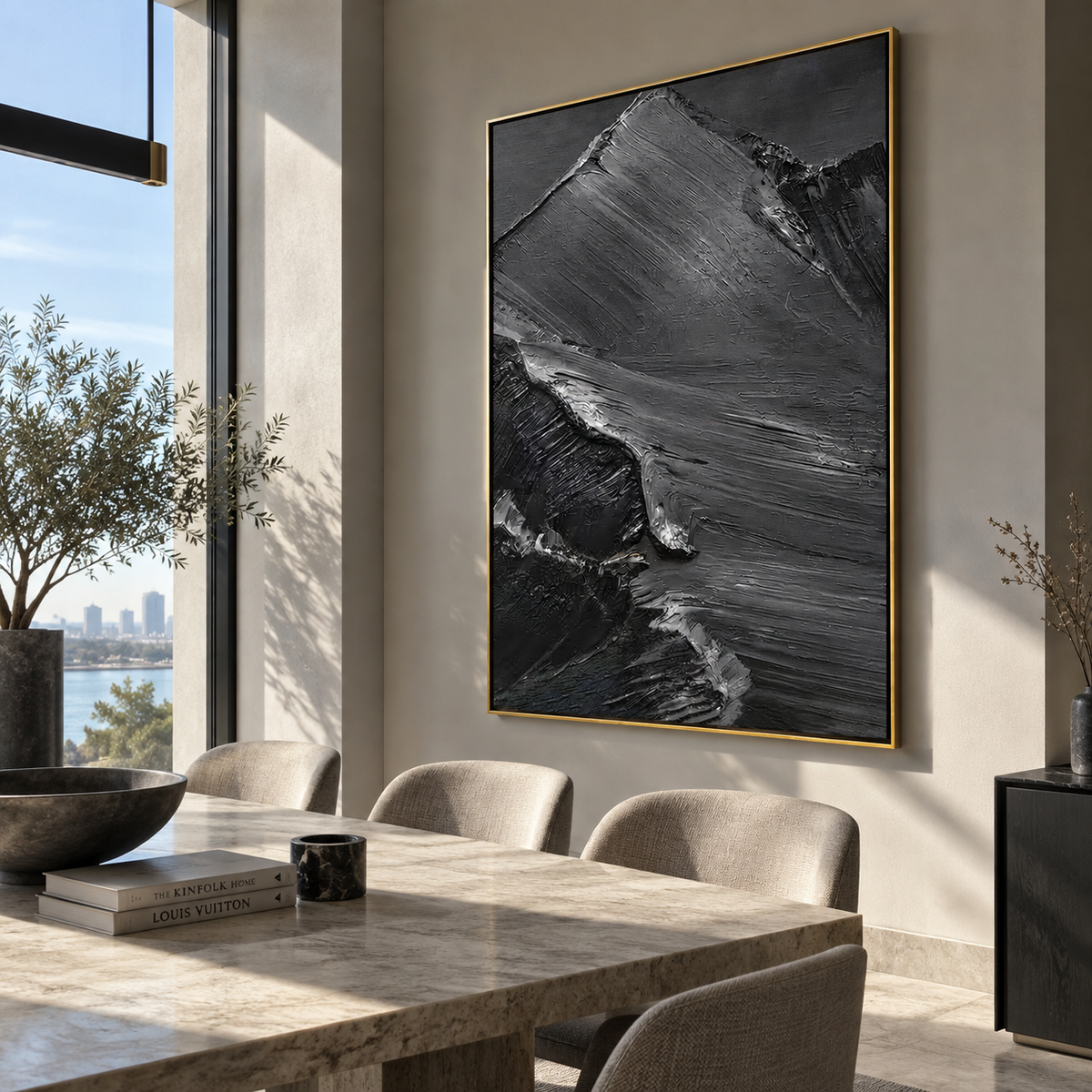 Slate Onyx Linen Field Space - textured abstract painting shown in modern room setting 2