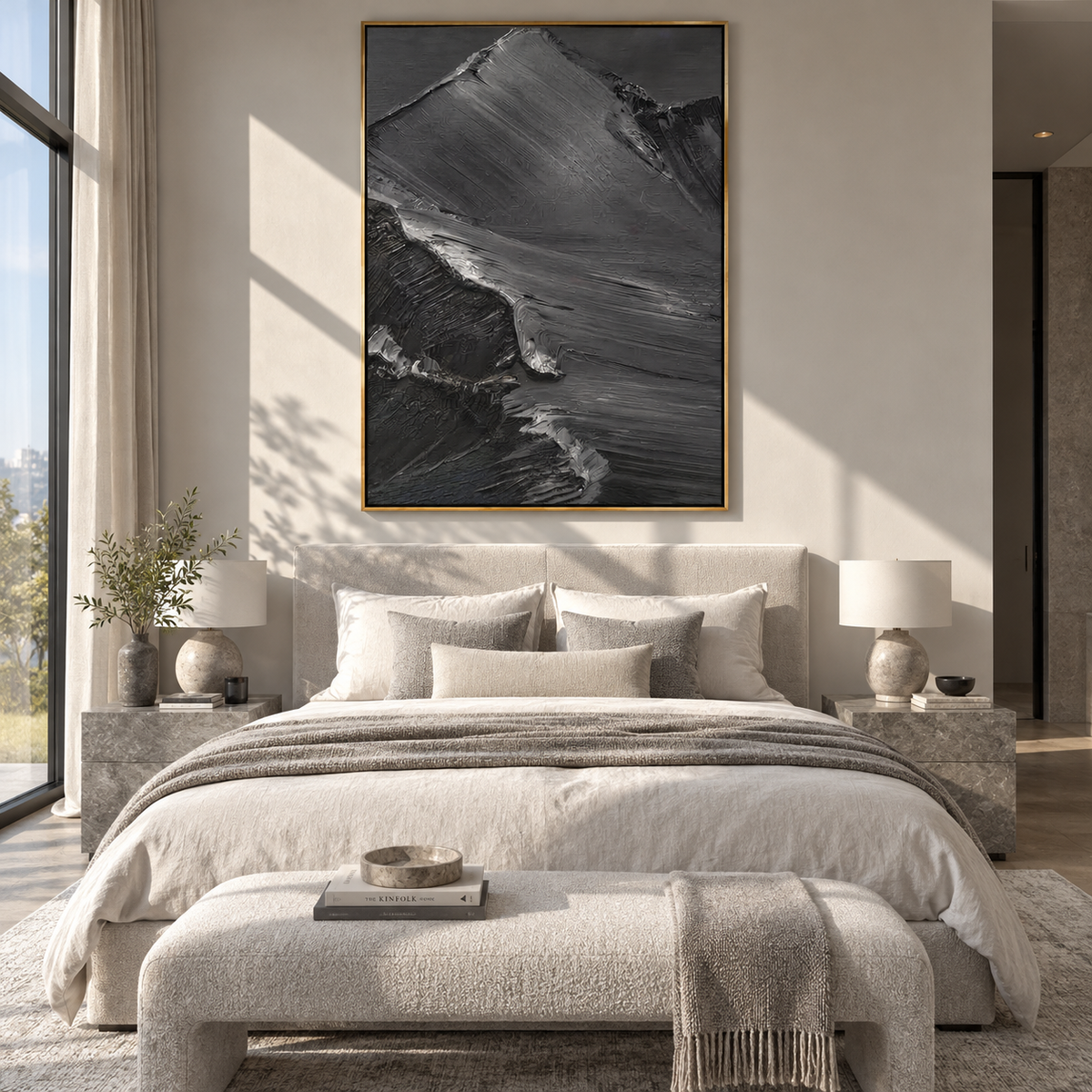 Slate Onyx Linen Field Space - textured abstract painting shown in modern room setting 4