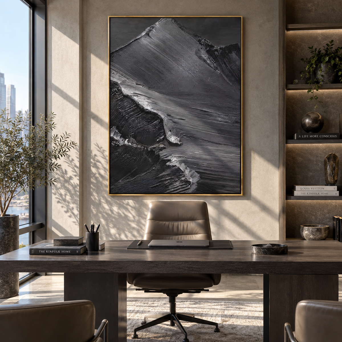 Slate Onyx Linen Field Space - textured abstract painting shown in modern room setting 5