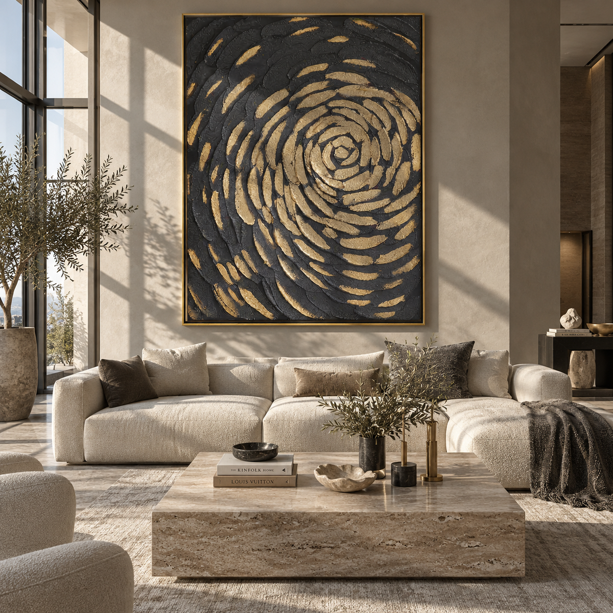 Slate Linen Onyx Passage Quiet - textured abstract painting shown in modern room setting 3