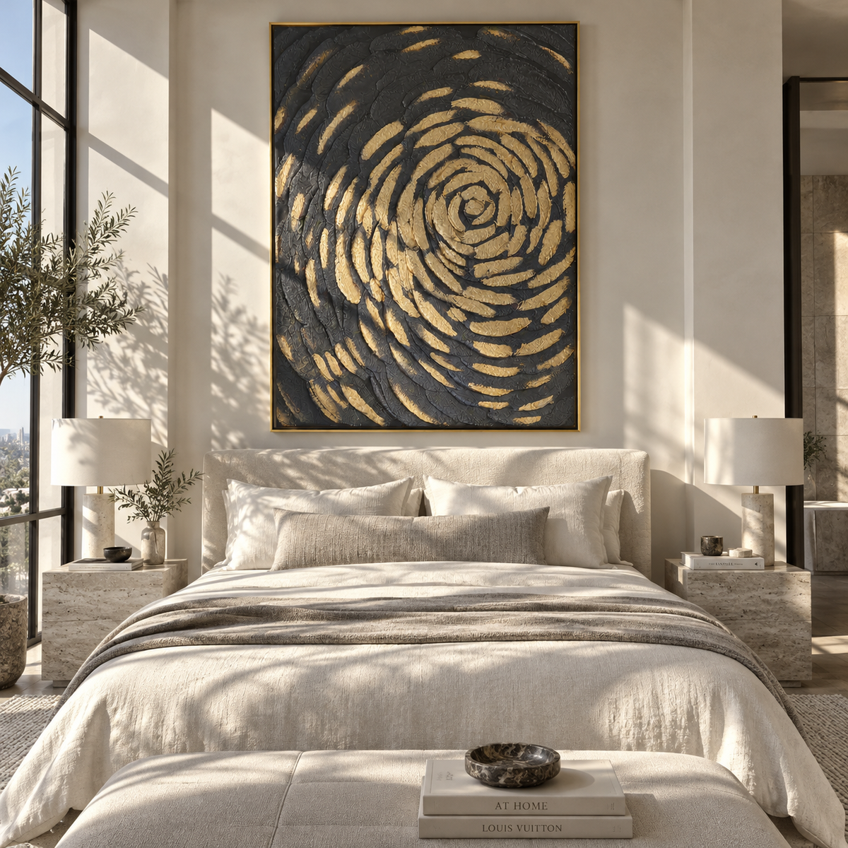 Slate Linen Onyx Passage Quiet - textured abstract painting shown in modern room setting 4