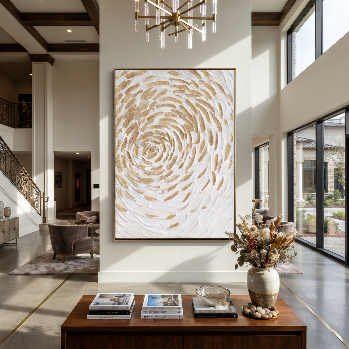 Ivory Slate Linen Tides Form - textured abstract painting shown in modern room setting 5
