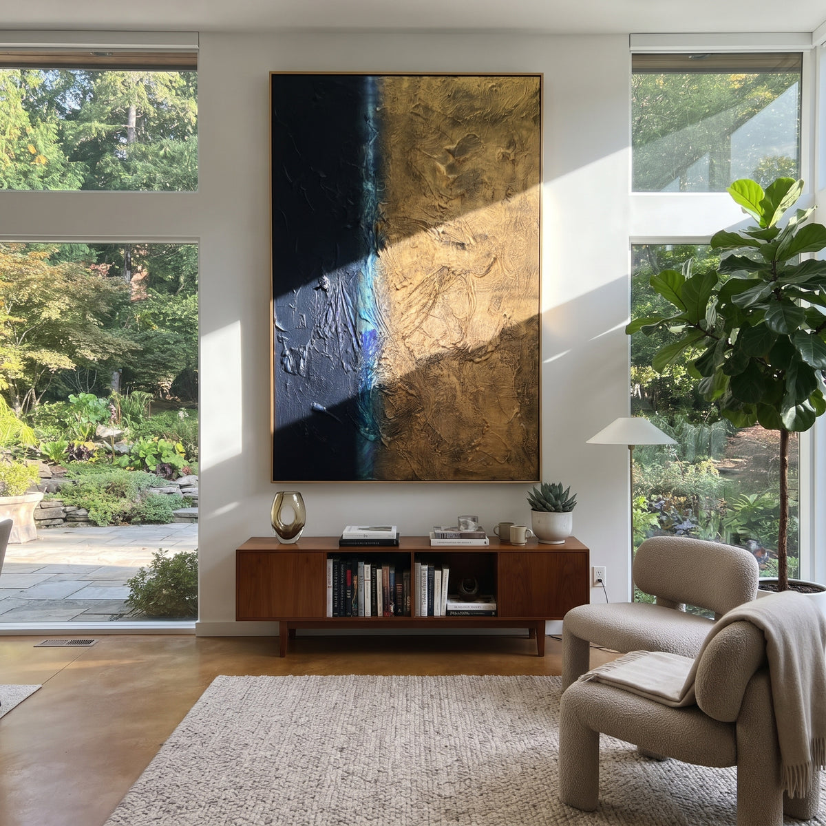 Gilded Fault Line - black gold textured abstract painting shown in modern room setting 3