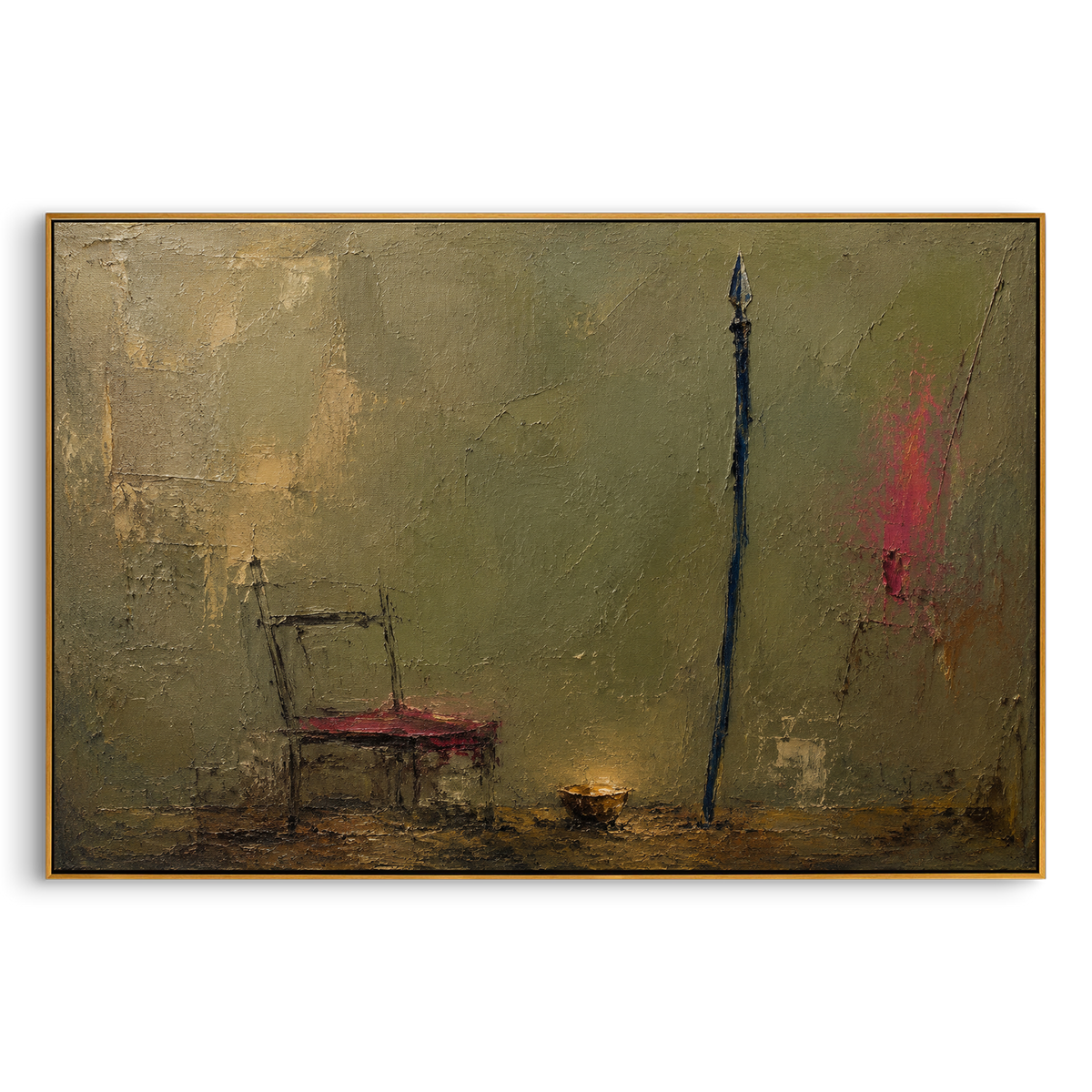 "Odysseus Departure Spear" imagines the quiet threshold before the hero leaves Ithaca: an empty chair, an upright spear and a small ember-like light sit inside an olive plaster room, as if the household has already felt the coming absence. The image does not show the voyage directly; it shows the moment before it, when duty, war and home are held in the same still air. Scraped green, muted gold and black palette-knife texture gives the sparse objects the weight of ritual. This horizontal work