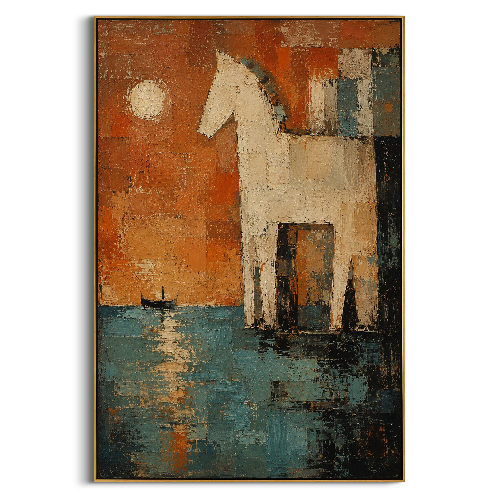 "Trojan Horse At Moonlit Troy" turns the final night of Troy into a glowing harbor vision: the pale horse stands under a white moon beside orange sky and teal water, while a small boat waits in shadow. Thick sculptural paint makes the horse feel carved from legend, both beautiful and dangerous. The scene carries the suspended tension before the Greeks emerge and the long road home begins. Its vertical format gives the myth a monumental presence for Mediterranean, bohemian and contemporary