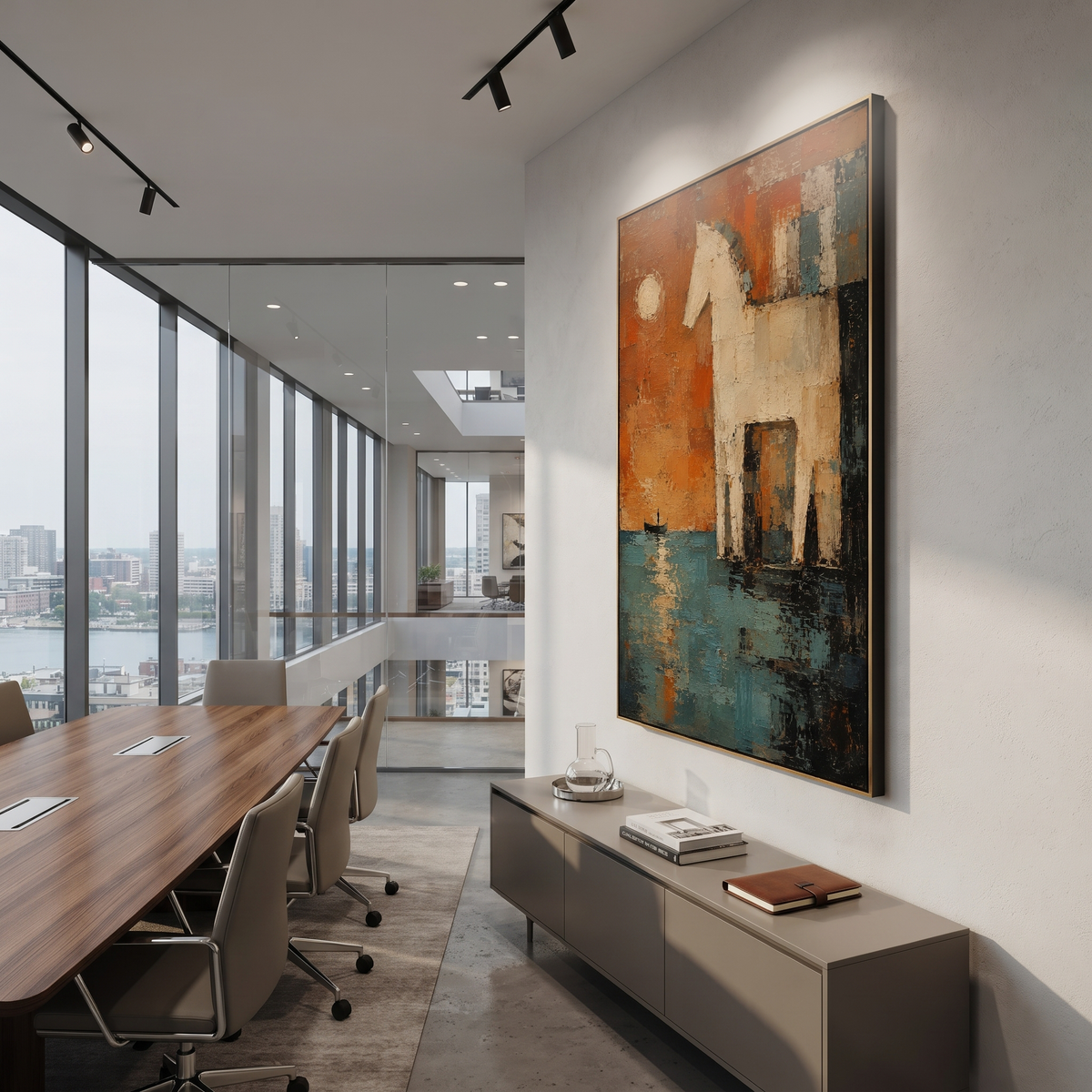 "Trojan Horse At Moonlit Troy" turns the final night of Troy into a glowing harbor vision: the pale horse stands under a white moon beside orange sky and teal water, while a small boat waits in shadow. Thick sculptural paint makes the horse feel carved from legend, both beautiful and dangerous. The scene carries the suspended tension before the Greeks emerge and the long road home begins. Its vertical format gives the myth a monumental presence for Mediterranean, bohemian and contemporary