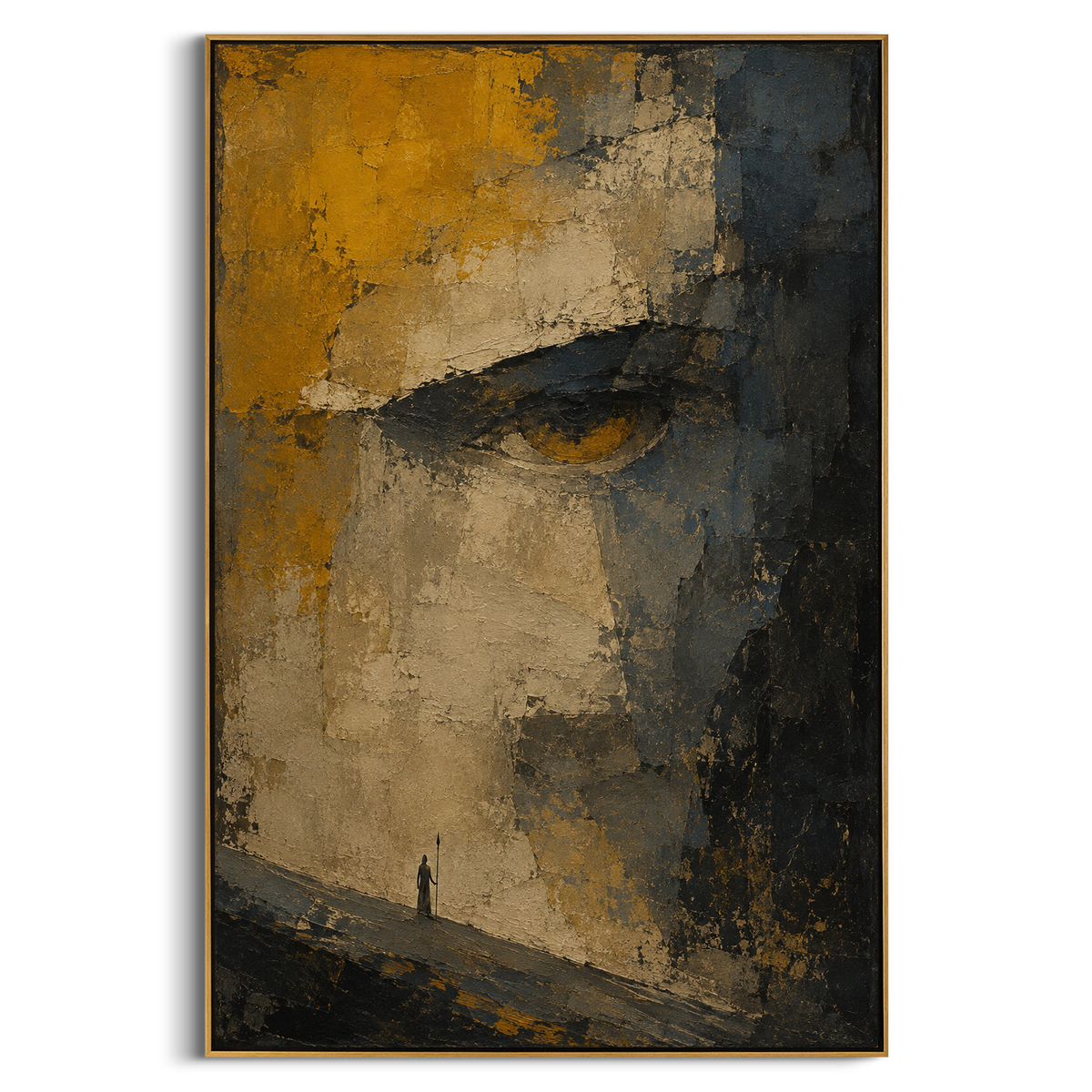 "Polyphemus Cave Eye" compresses the Cyclops episode into one immense watching eye above a tiny traveler, turning the canvas into the moment Odysseus feels trapped inside the giant cave. Ochre, stone grey and black impasto form a rough cavern surface, while the small figure below carries the vulnerability and cunning of the hero. The painting suggests danger without literal illustration, letting the eye become both monster and fate. Its vertical format heightens the mythic scale, ideal for