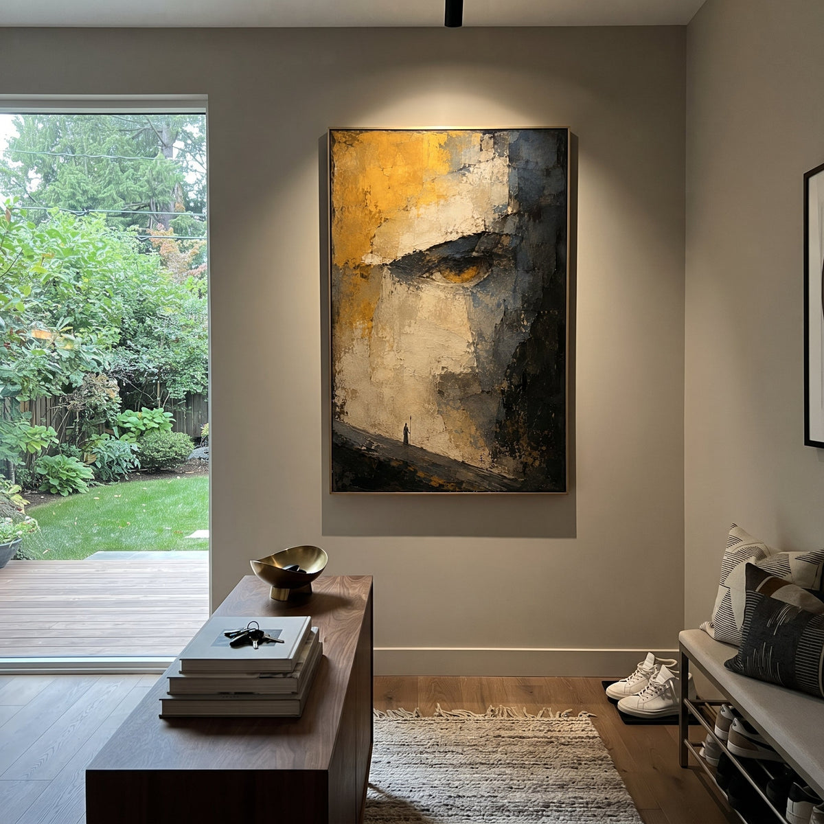 "Polyphemus Cave Eye" compresses the Cyclops episode into one immense watching eye above a tiny traveler, turning the canvas into the moment Odysseus feels trapped inside the giant cave. Ochre, stone grey and black impasto form a rough cavern surface, while the small figure below carries the vulnerability and cunning of the hero. The painting suggests danger without literal illustration, letting the eye become both monster and fate. Its vertical format heightens the mythic scale, ideal for