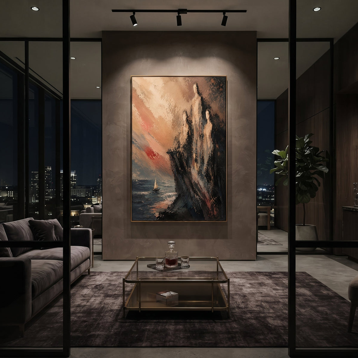 "Sirens Watching The Odyssey Sea" places three tall shadowed figures on a cliff above a small sail, evoking the Sirens as the ship passes through rose-lit water. The forms rise like voices made visible, pulling at the horizon while the boat holds its course. Thick black, blush and blue palette-knife strokes give the cliff a restless, dangerous beauty. The work brings the seduction and peril of the Odyssey sea into a vertical statement piece for living rooms, bedrooms and coastal interiors