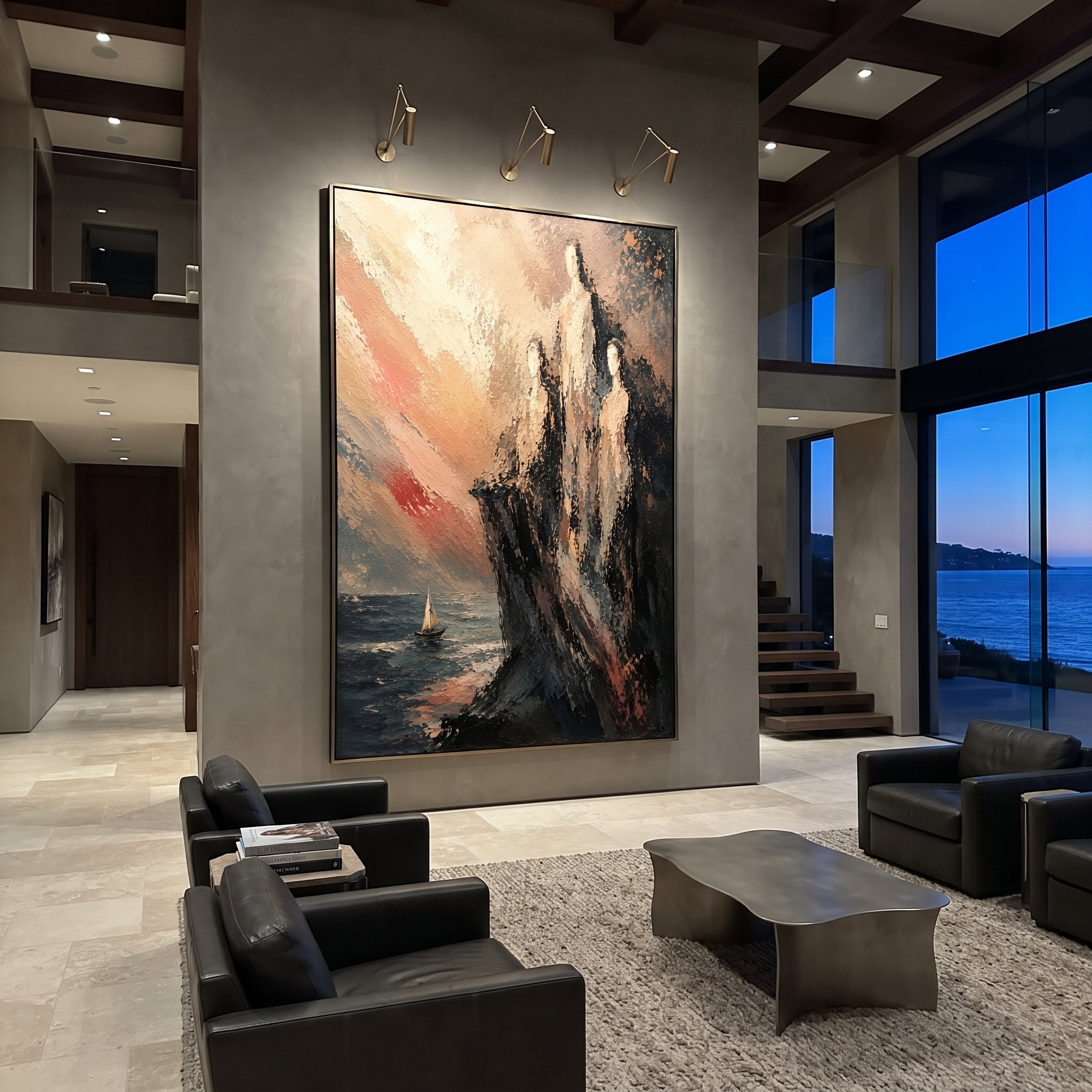 "Sirens Watching The Odyssey Sea" places three tall shadowed figures on a cliff above a small sail, evoking the Sirens as the ship passes through rose-lit water. The forms rise like voices made visible, pulling at the horizon while the boat holds its course. Thick black, blush and blue palette-knife strokes give the cliff a restless, dangerous beauty. The work brings the seduction and peril of the Odyssey sea into a vertical statement piece for living rooms, bedrooms and coastal interiors