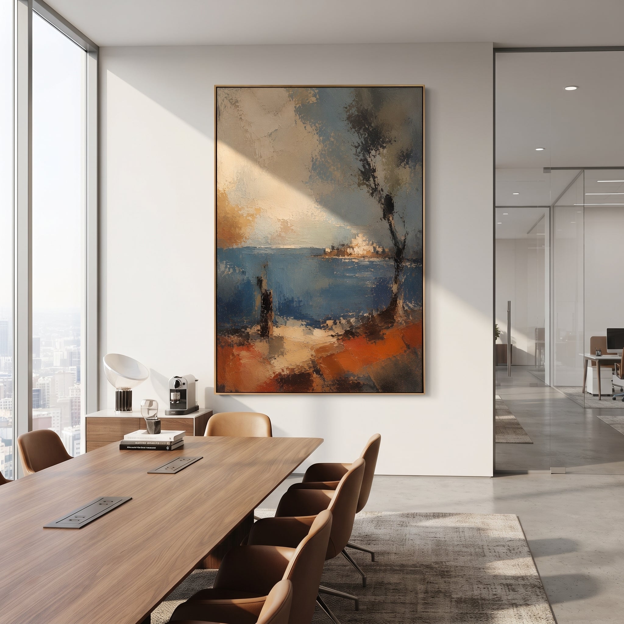 "Ithaca Shore Homecoming" reads as the first sight of land after years at sea: white island buildings gleam beyond blue water, a dark tree leans into the wind, and warm terracotta earth opens like a landing place. The image turns homecoming into atmosphere rather than portrait, letting the viewer feel the relief and uncertainty of return. Raised blue, beige and orange impasto gives the shore sun, salt and age. This vertical canvas suits bright living rooms, hallways and vacation homes, blending
