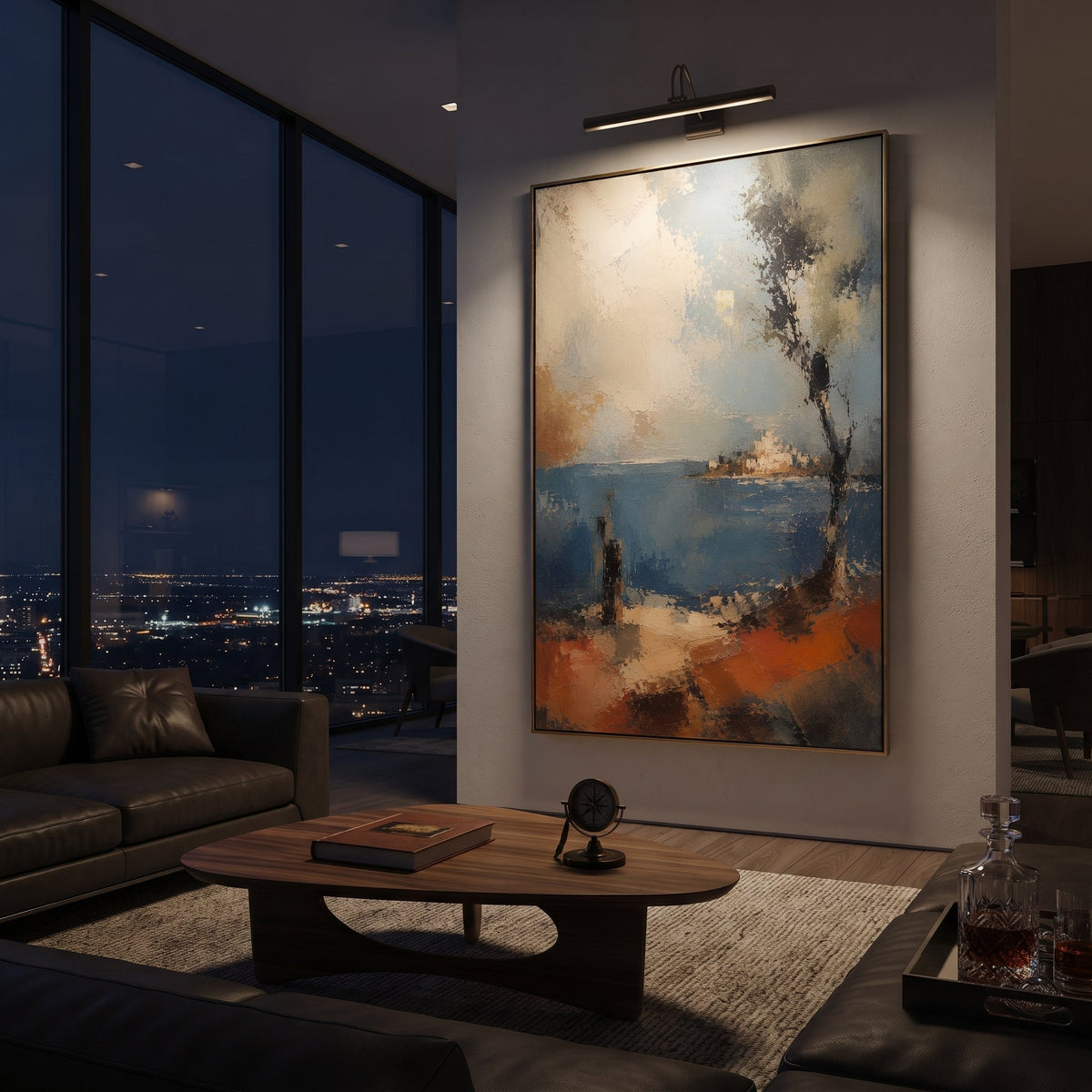 "Ithaca Shore Homecoming" reads as the first sight of land after years at sea: white island buildings gleam beyond blue water, a dark tree leans into the wind, and warm terracotta earth opens like a landing place. The image turns homecoming into atmosphere rather than portrait, letting the viewer feel the relief and uncertainty of return. Raised blue, beige and orange impasto gives the shore sun, salt and age. This vertical canvas suits bright living rooms, hallways and vacation homes, blending