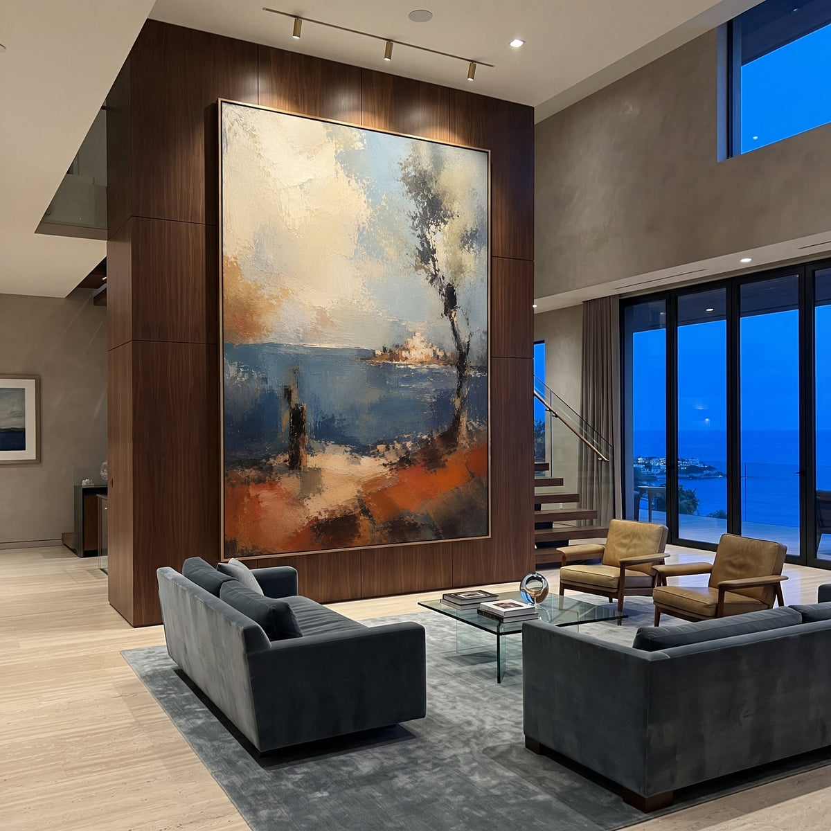 "Ithaca Shore Homecoming" reads as the first sight of land after years at sea: white island buildings gleam beyond blue water, a dark tree leans into the wind, and warm terracotta earth opens like a landing place. The image turns homecoming into atmosphere rather than portrait, letting the viewer feel the relief and uncertainty of return. Raised blue, beige and orange impasto gives the shore sun, salt and age. This vertical canvas suits bright living rooms, hallways and vacation homes, blending