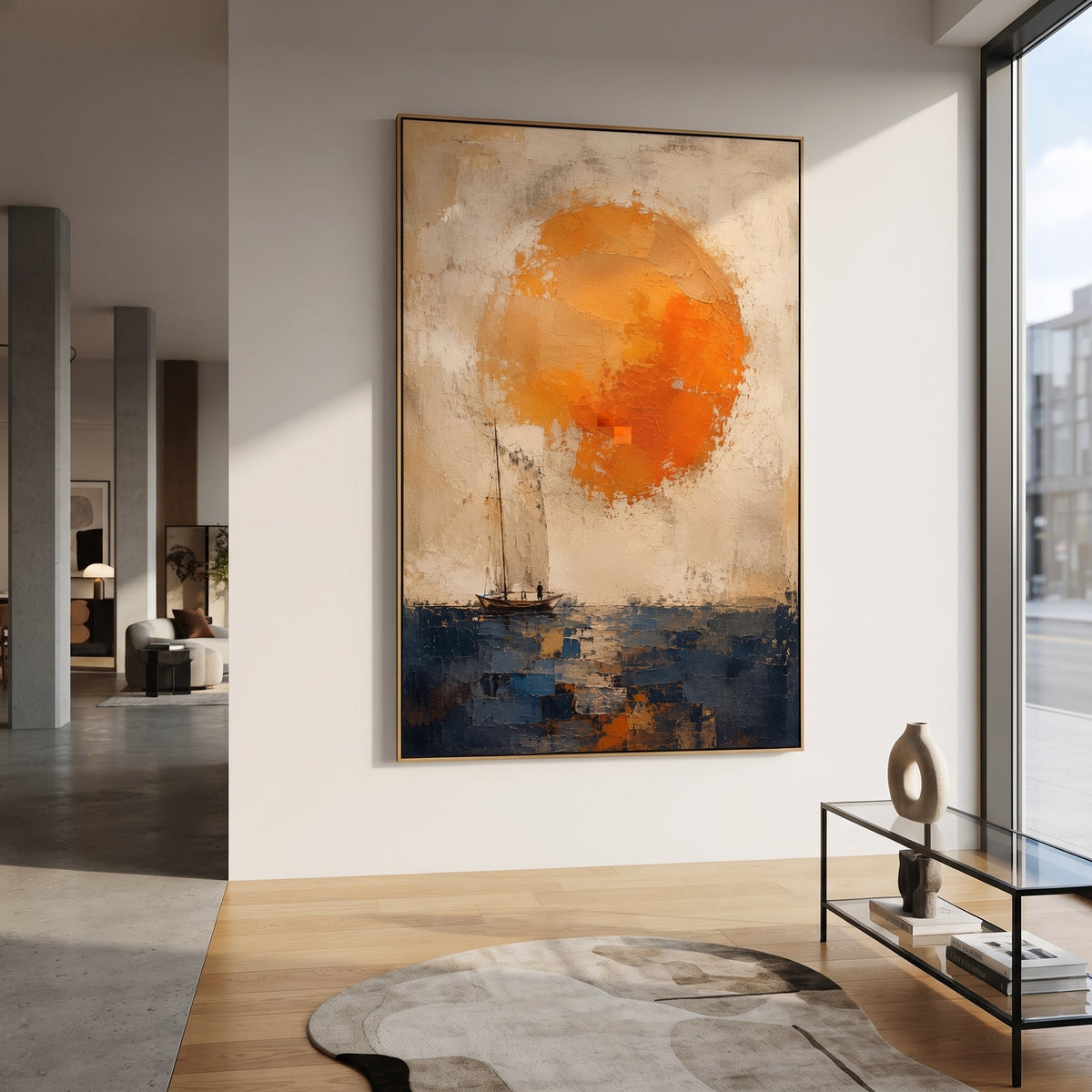 "Odysseus Sail Under Helios Sun" reduces the voyage to a small boat beneath an overwhelming orange sun, recalling the dangerous waters watched by Helios and the fragile discipline demanded of the crew. The simple sail sits against blue sea and pale plaster sky, making the journey feel both hopeful and exposed. Thick texture lets the sun glow like command, warning and destination at once. This vertical canvas brings warm Homeric seascape energy to minimalist rooms, coastal interiors and vacation