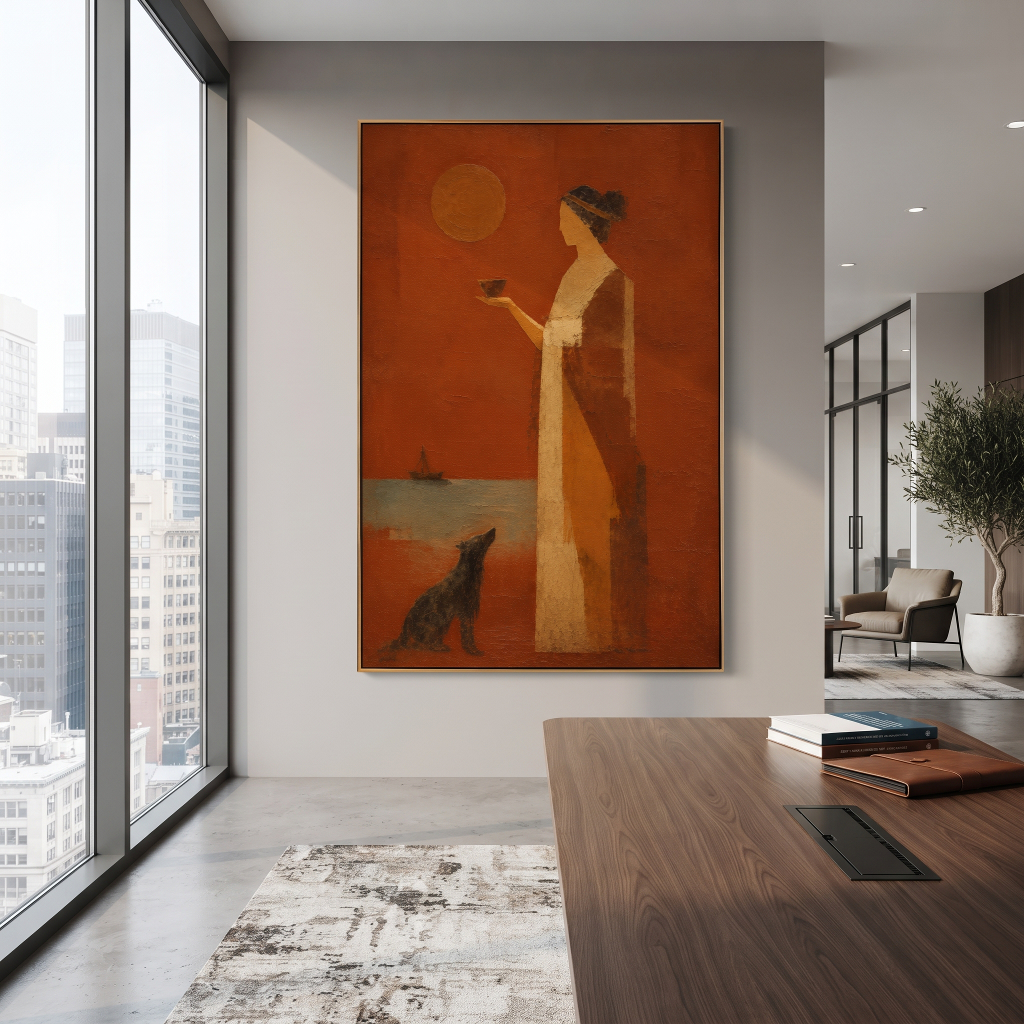 "Penelope And Argos Waiting" gathers a classical woman and dark hound beneath an orange sun, turning the canvas toward the emotional center of the Odyssey: waiting at home while the sea keeps the hero away. The woman holding a bowl feels ceremonial and patient; the dog beside her recalls Argos, the loyal witness to return. Warm orange, beige and brown impasto softens the myth into intimate domestic symbolism. This vertical work suits bedrooms, dining rooms and reading corners, bringing loyalty